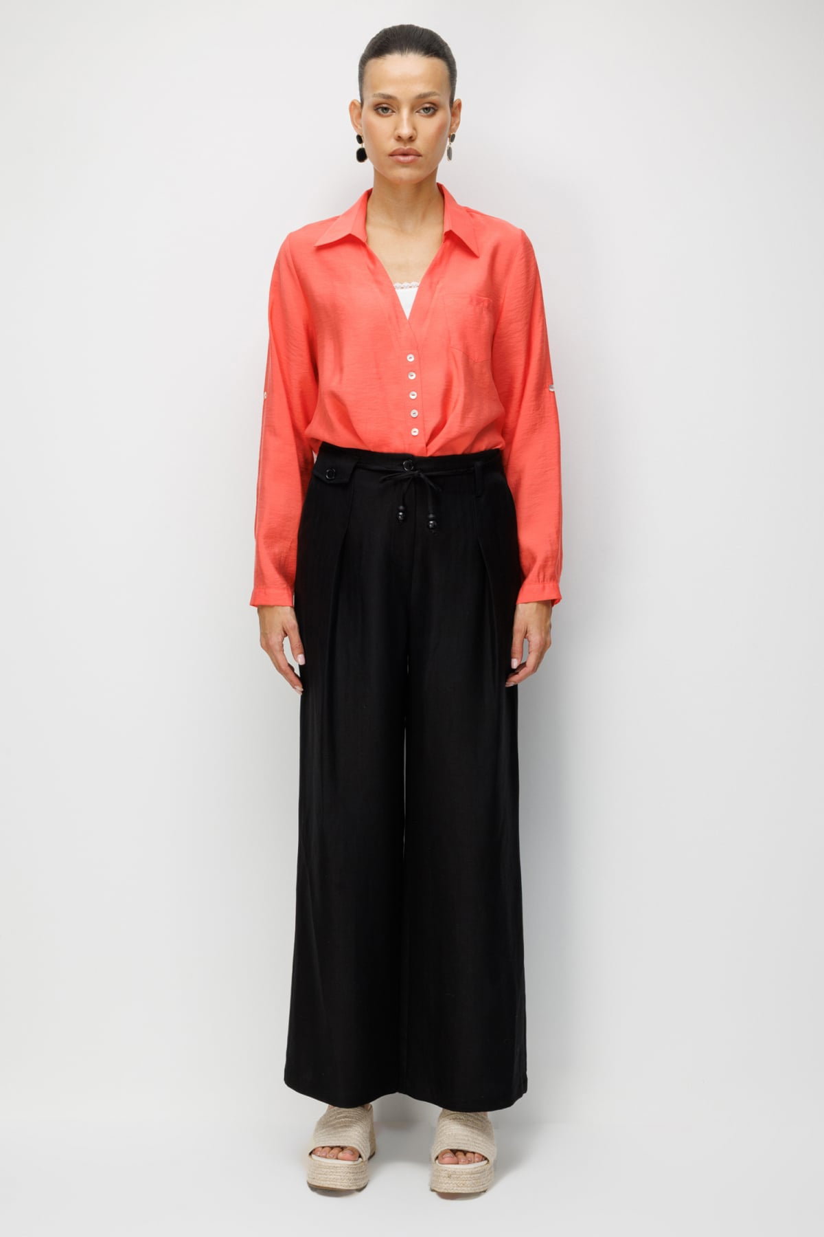 Ekol Kadın İp Kemerli Bol Paça Kumaş Pantolon 2426 Siyah - 1