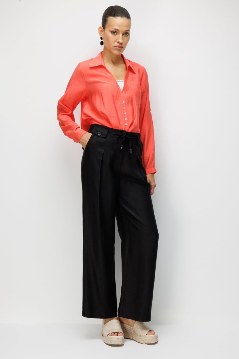 Ekol Kadın İp Kemerli Bol Paça Kumaş Pantolon 2426 Siyah - 2