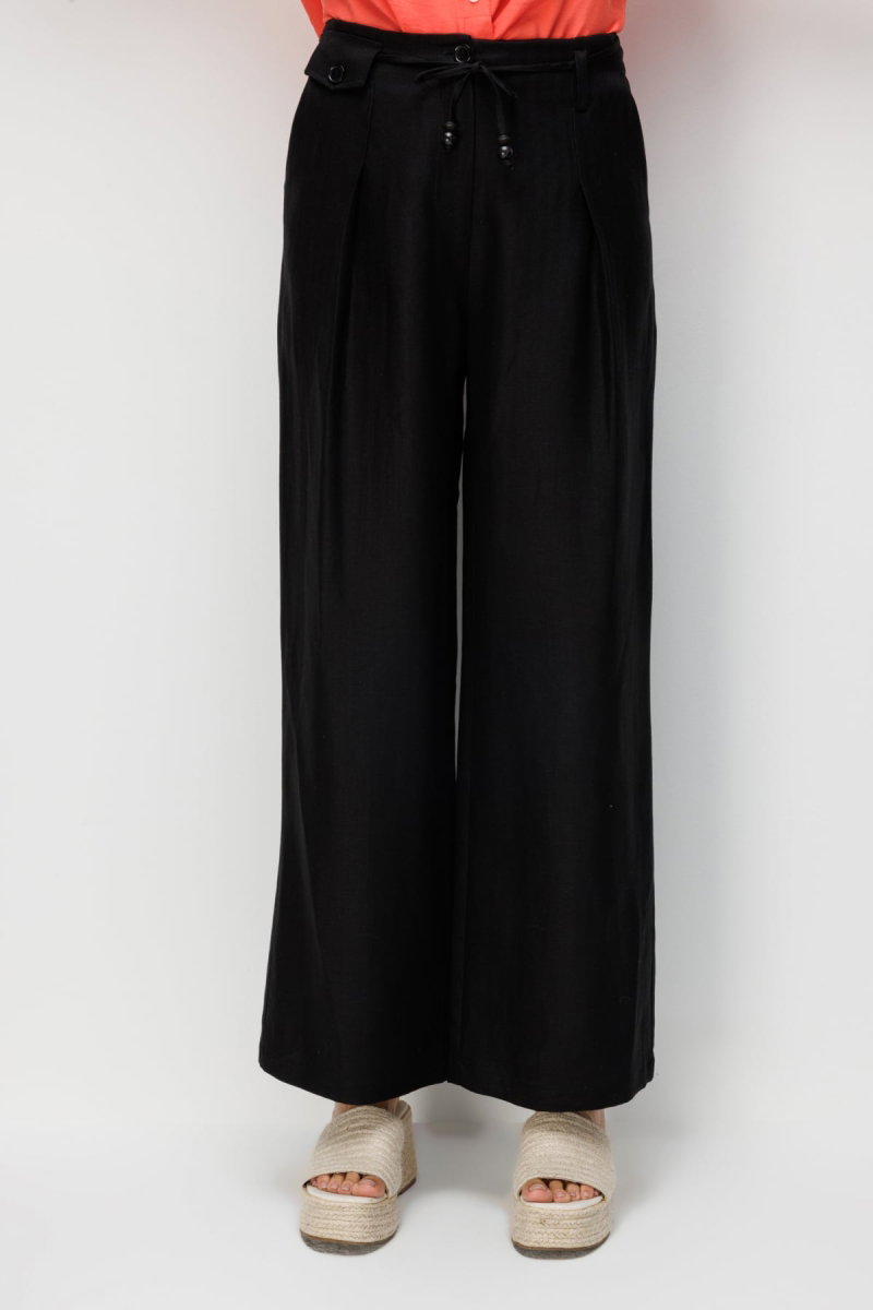 Ekol Kadın İp Kemerli Bol Paça Kumaş Pantolon 2426 Siyah - 3