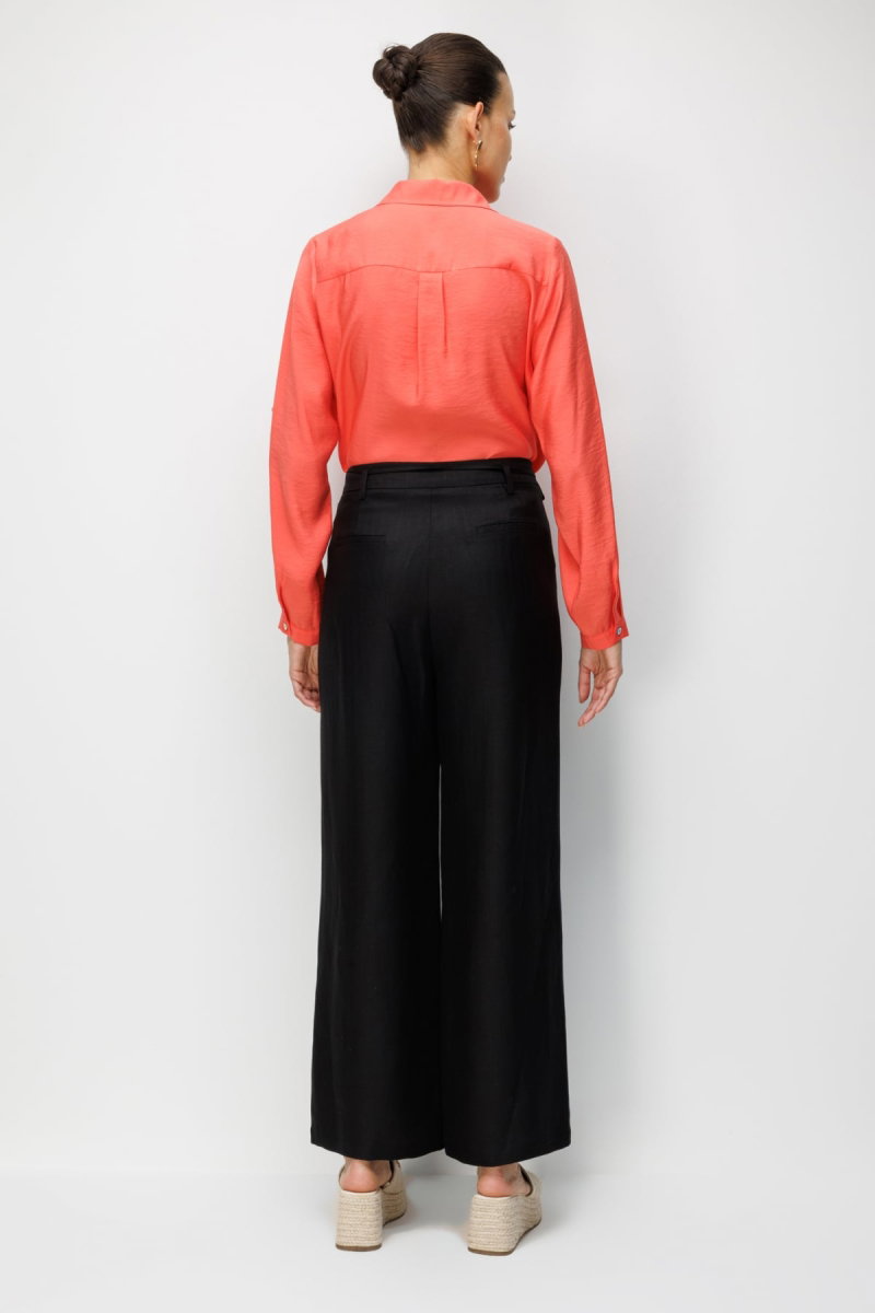 Ekol Kadın İp Kemerli Bol Paça Kumaş Pantolon 2426 Siyah - 4