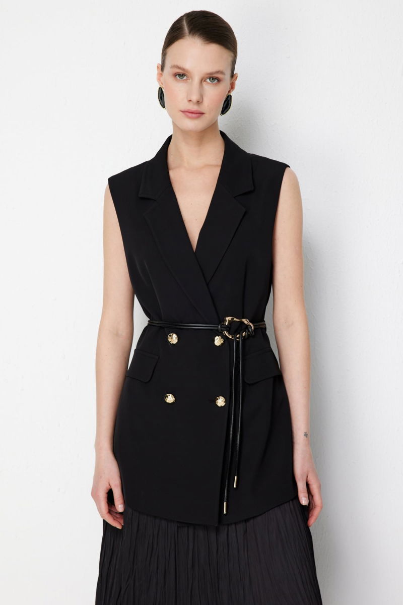 Ekol Kadın İp Kemerli Kruvaze Yelek 1124 Siyah - Ekol