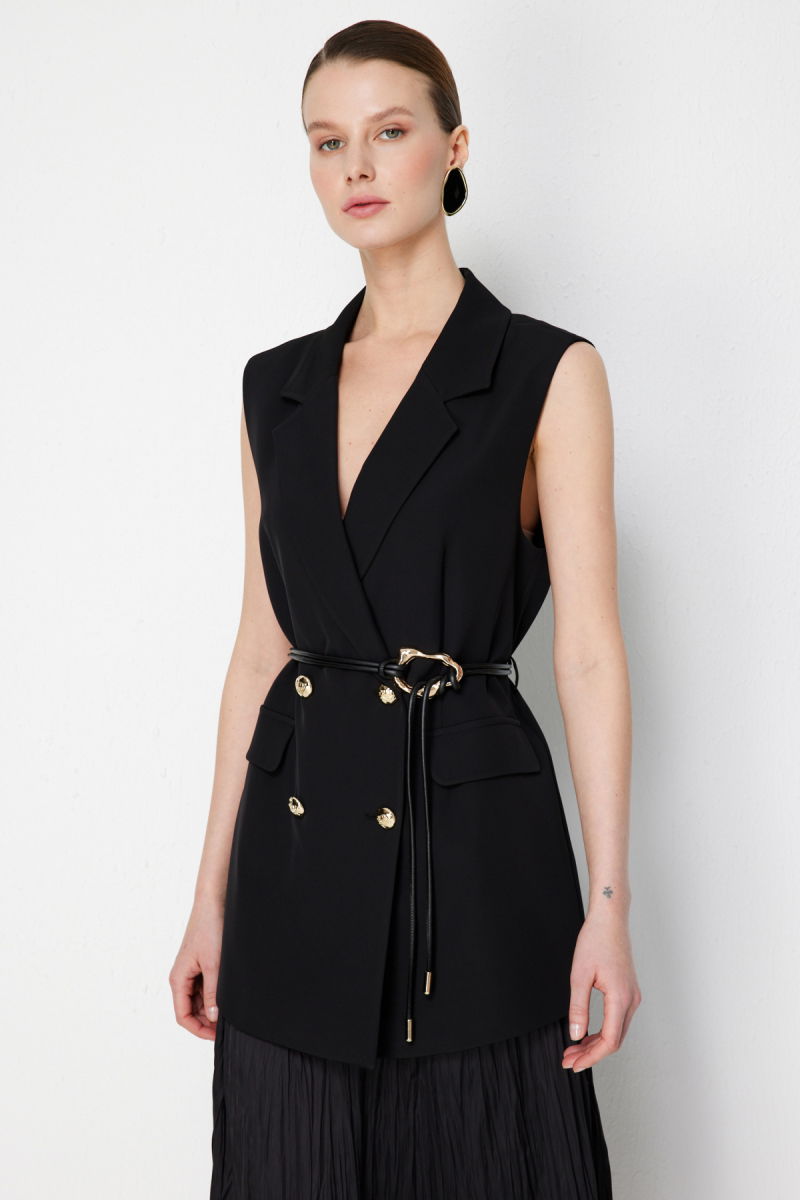 Ekol Kadın İp Kemerli Kruvaze Yelek 1124 Siyah - 2