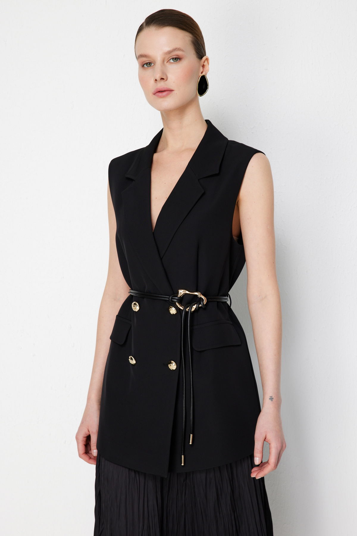 Ekol Kadın İp Kemerli Kruvaze Yelek 1124 Siyah - 2