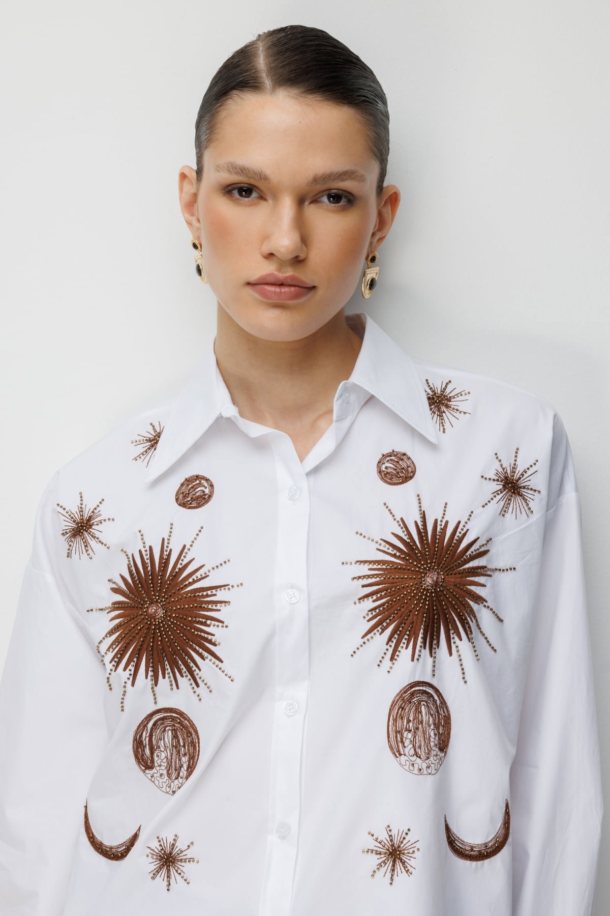 Ekol Kadın İşlemeli Oversize Pamuk Gömlek 2818 Ekru - 2