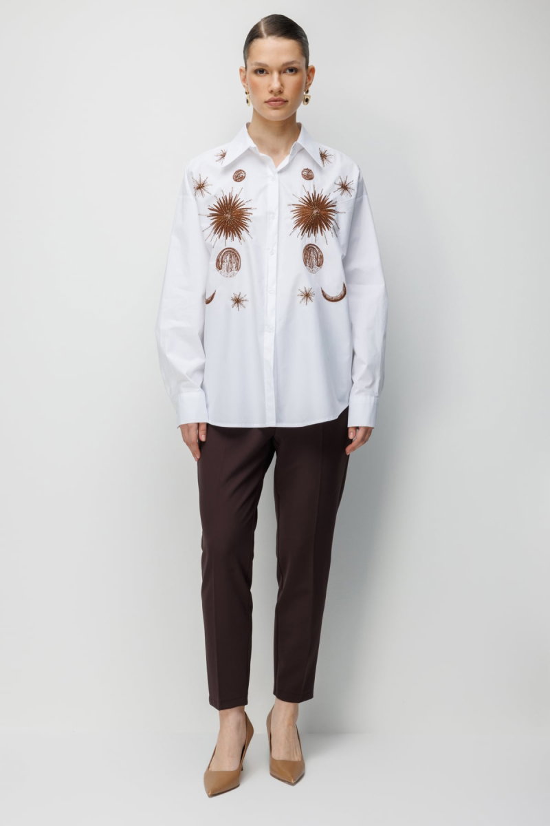 Ekol Kadın İşlemeli Oversize Pamuk Gömlek 2818 Ekru - 3