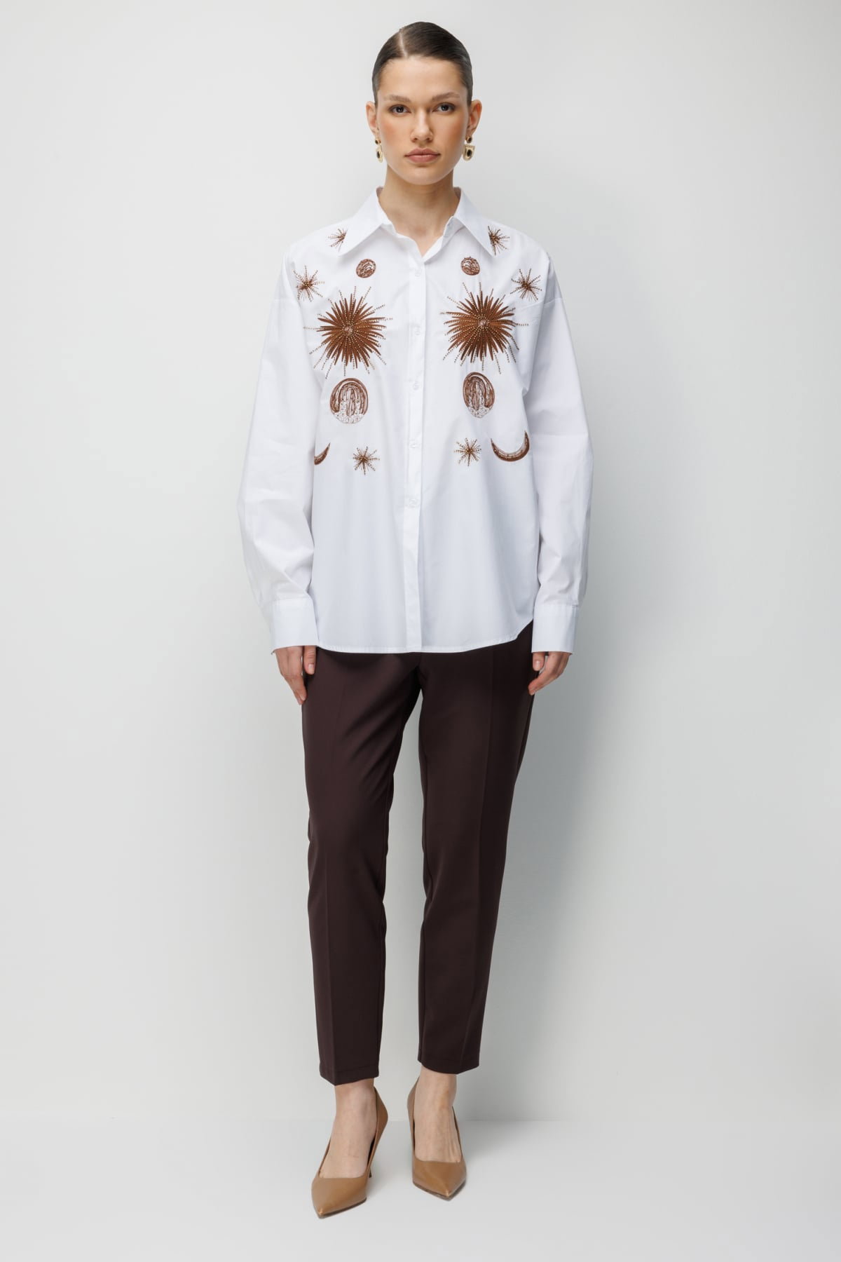 Ekol Kadın İşlemeli Oversize Pamuk Gömlek 2818 Ekru - 3