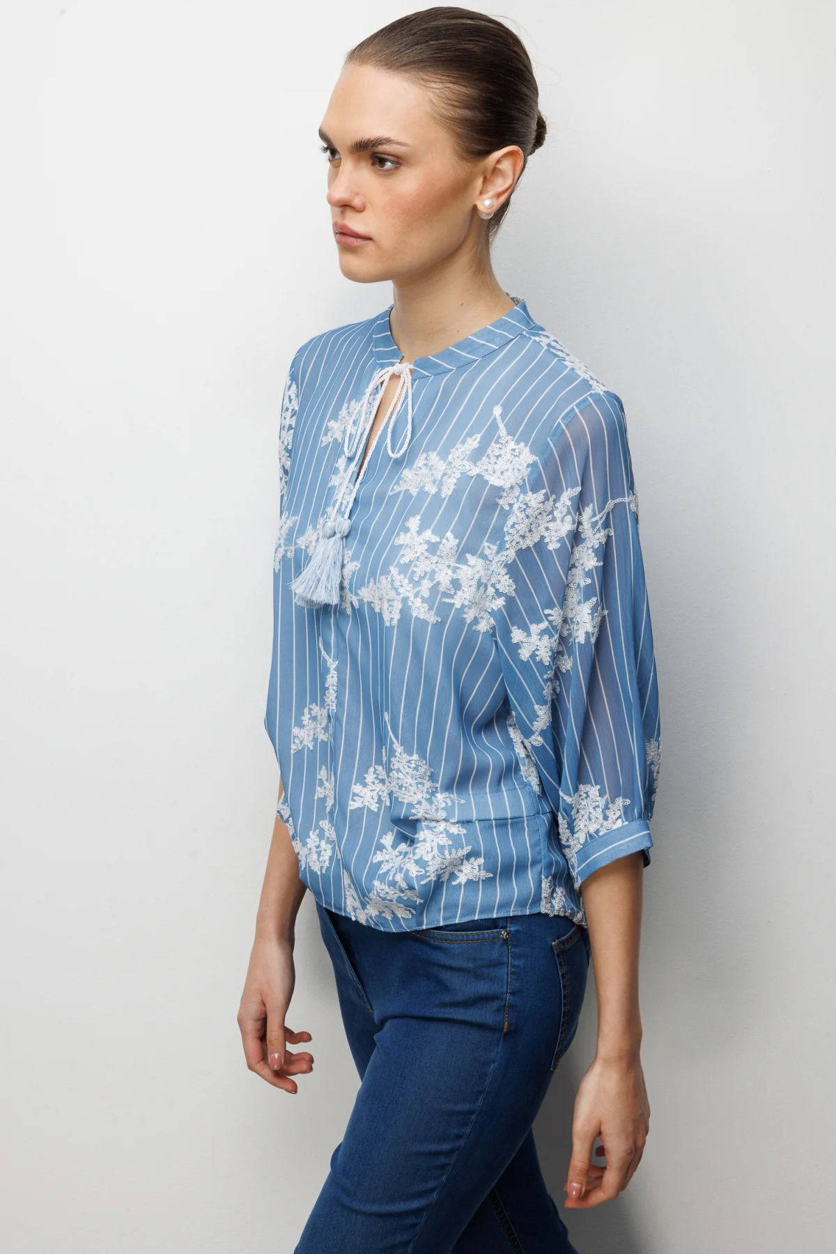 Ekol Kadın İşlemeli Yarım Kol Bluz 2044 Blue - 2