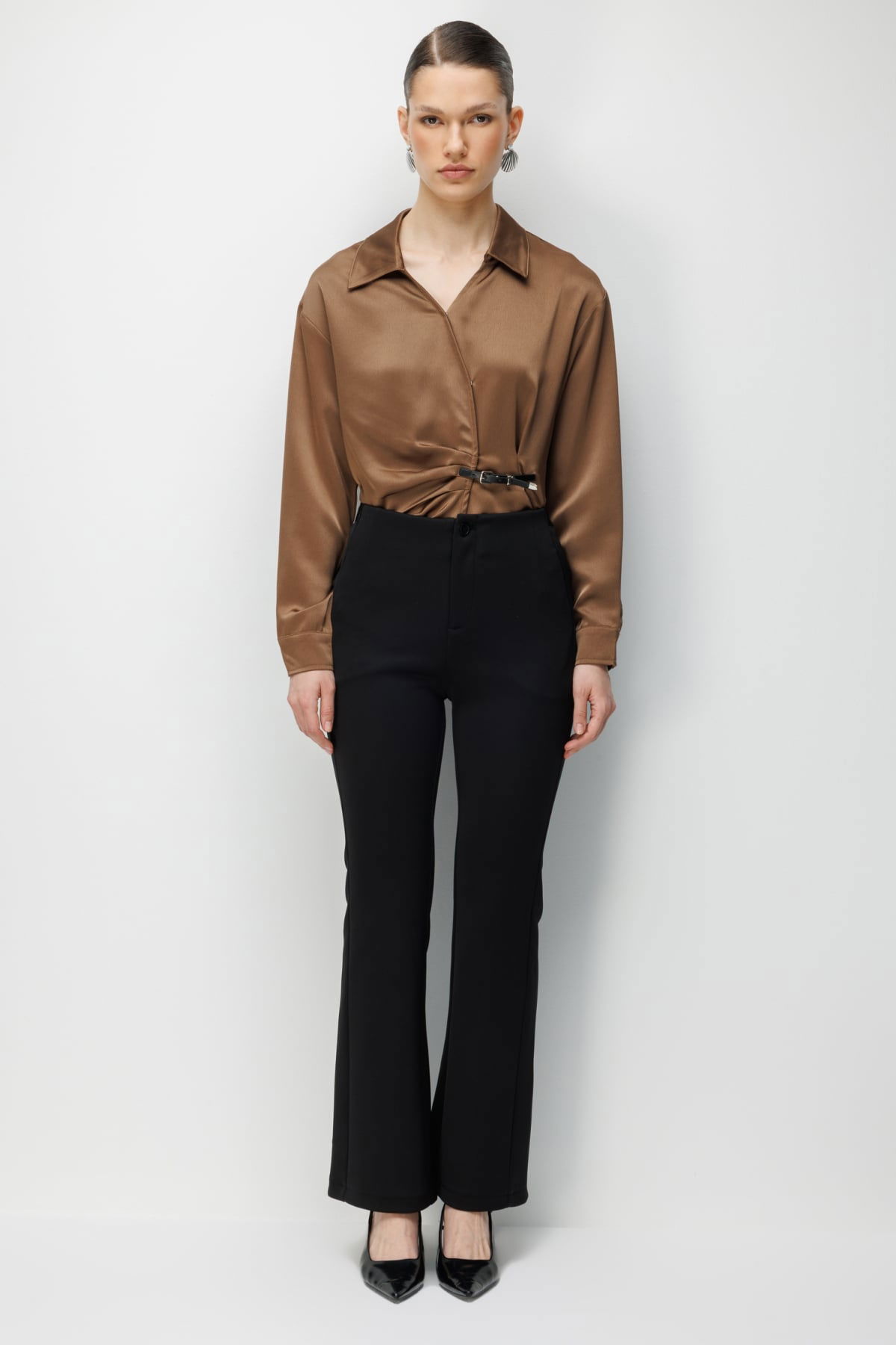 Ekol Kadın İspanyol Paça Beli Lastikli Pantolon 4930 Siyah - 1