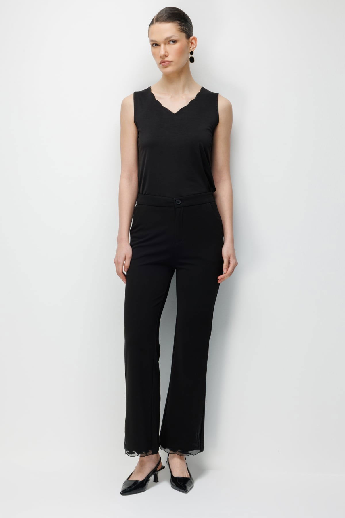 Ekol Kadın İspanyol Paça Tül Desen Detaylı Pantolon 4924 Siyah - 2