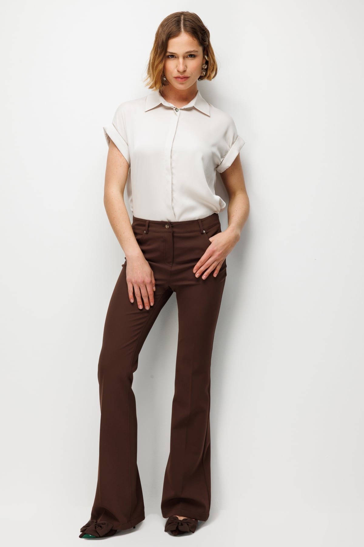 Ekol Kadın İspanyol Paça Yüksek Bel Pantolon 4064 Kakao - 2