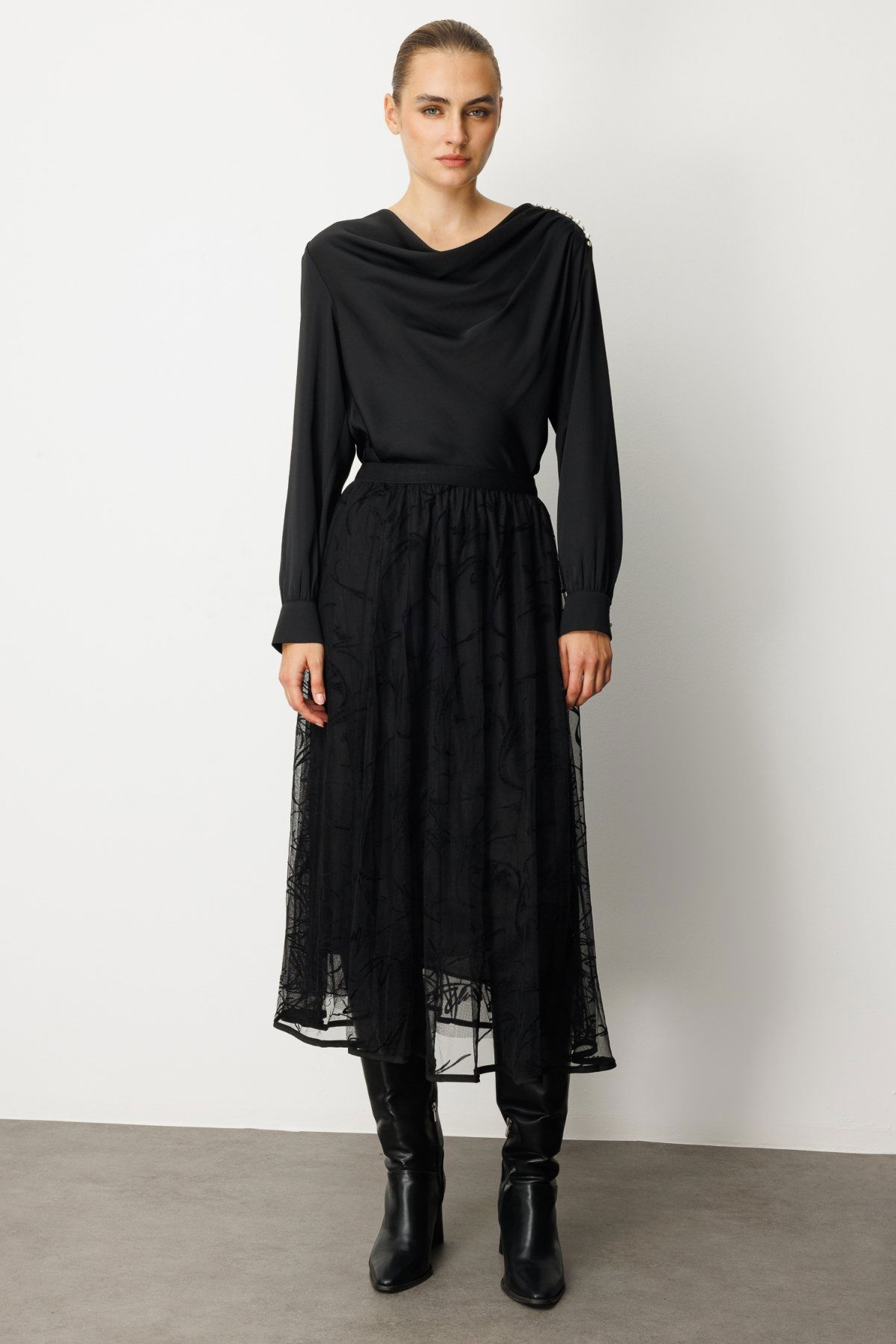 Ekol Kadın Kadife Desenli Tül Etek 2401 Siyah - 1