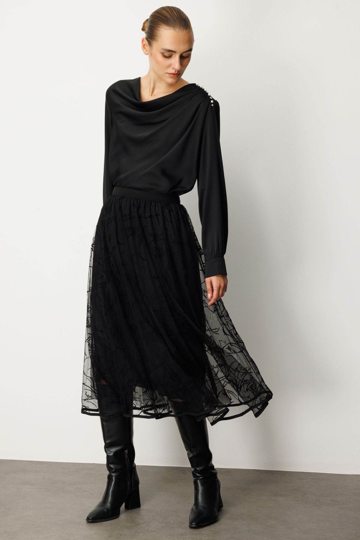 Ekol Kadın Kadife Desenli Tül Etek 2401 Siyah - 2