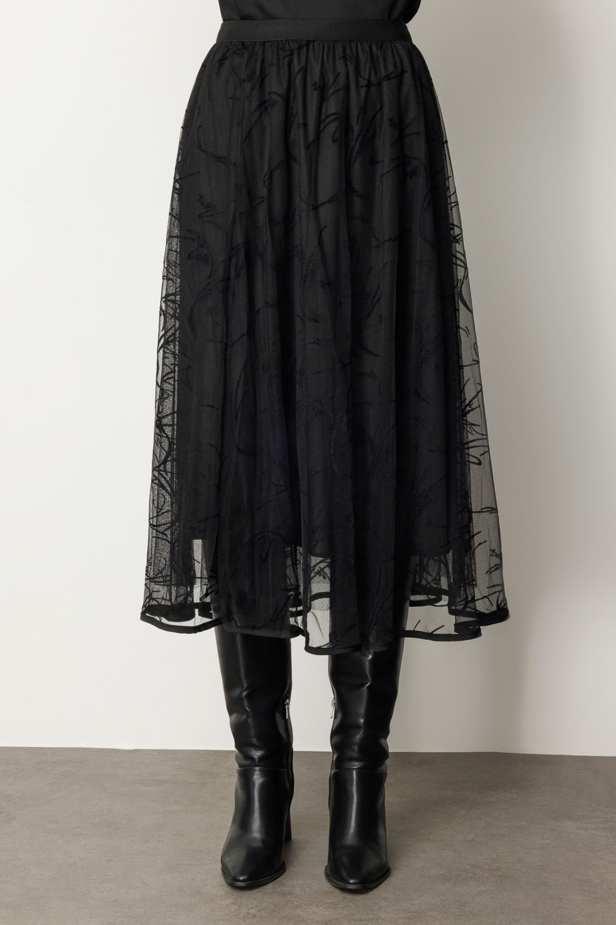 Ekol Kadın Kadife Desenli Tül Etek 2401 Siyah - 3