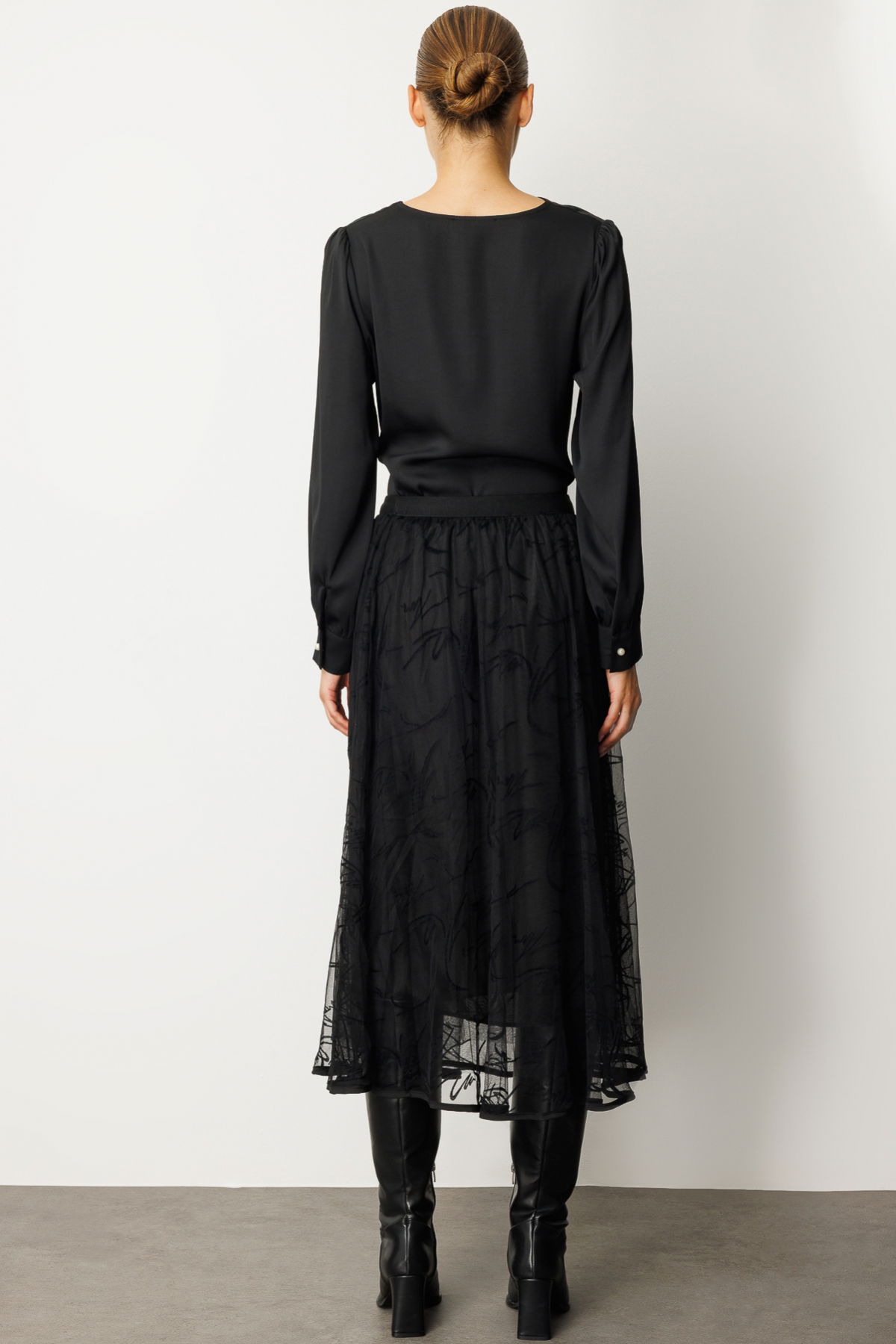 Ekol Kadın Kadife Desenli Tül Etek 2401 Siyah - 4