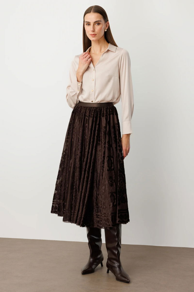 Ekol Kadın Kadife Geçişli Maxi Etek 2417 Kahverengi - Ekol