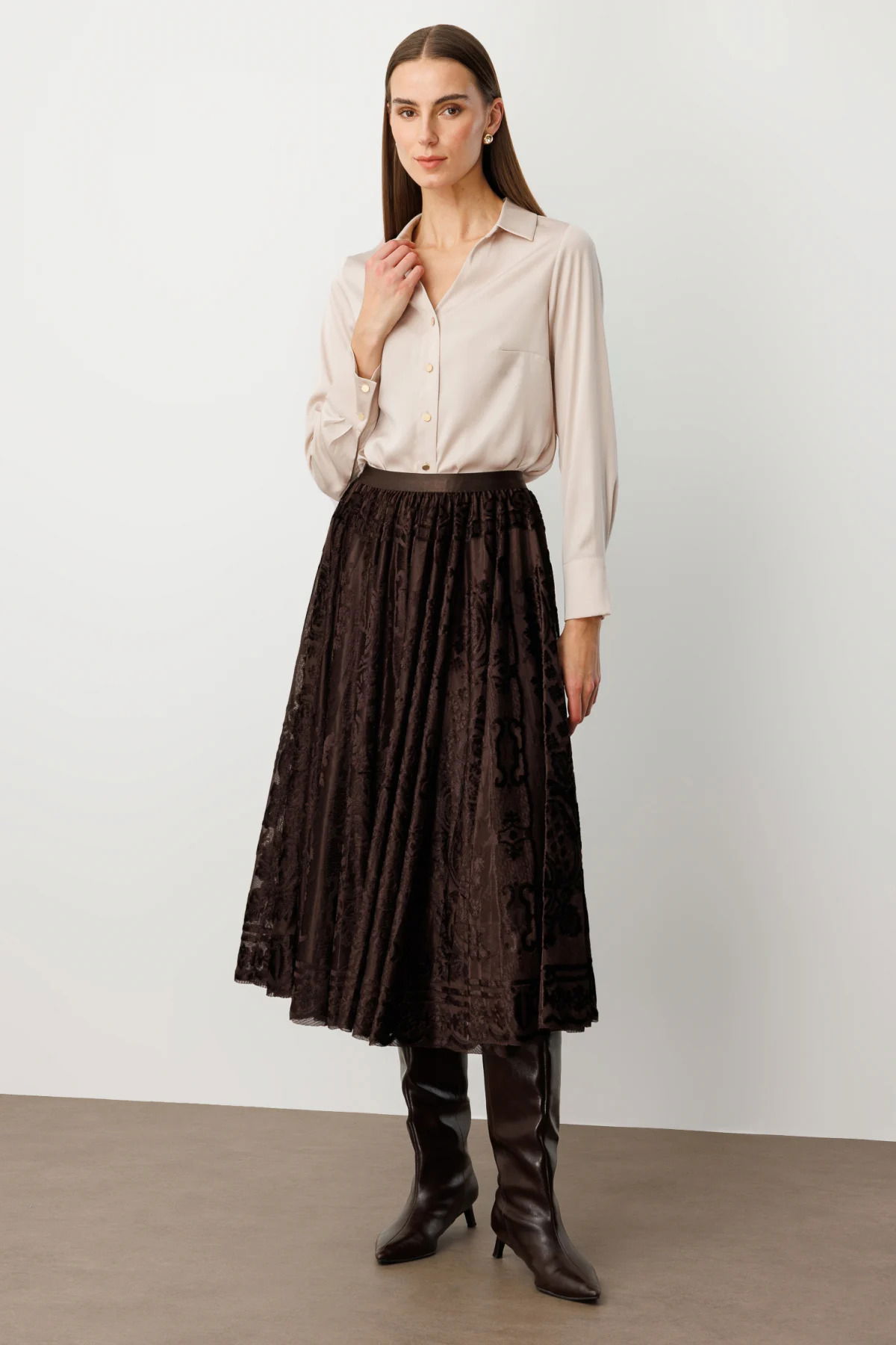 Ekol Kadın Kadife Geçişli Maxi Etek 2417 Kahverengi - 1