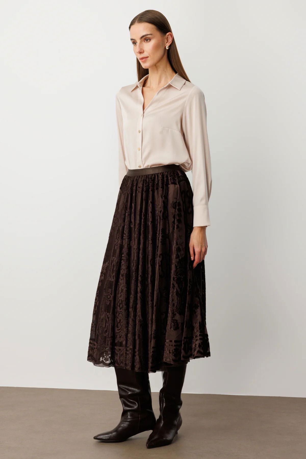 Ekol Kadın Kadife Geçişli Maxi Etek 2417 Kahverengi - 2