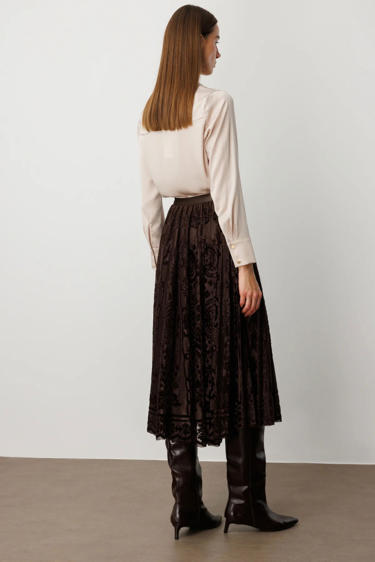 Ekol Kadın Kadife Geçişli Maxi Etek 2417 Kahverengi - 4