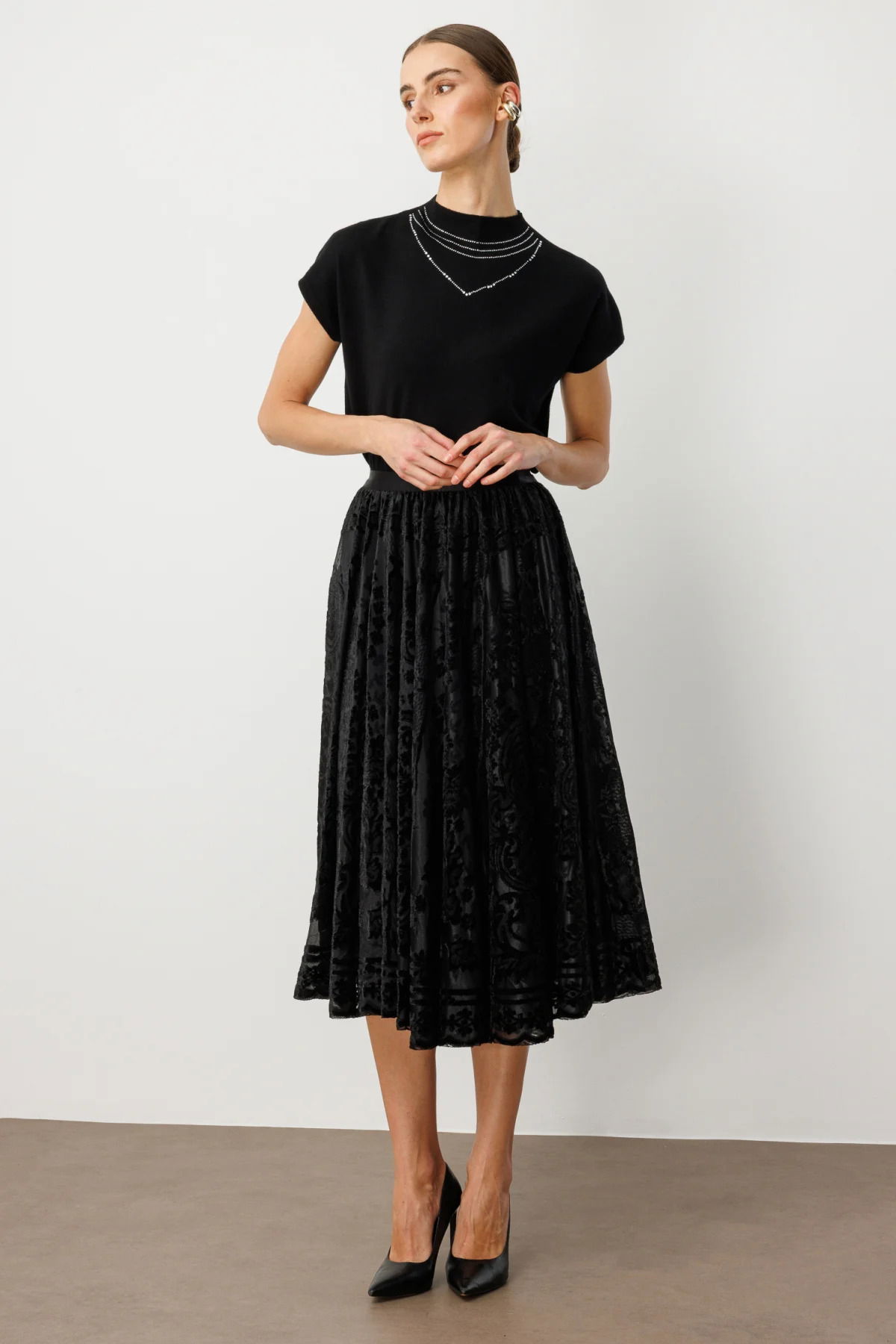 Ekol Kadın Kadife Geçişli Maxi Etek 2417 Siyah - 1