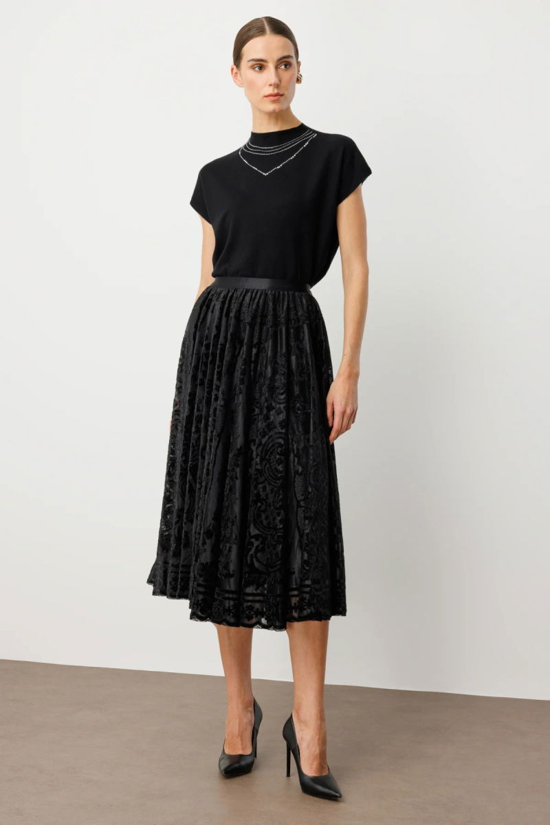 Ekol Kadın Kadife Geçişli Maxi Etek 2417 Siyah - 2