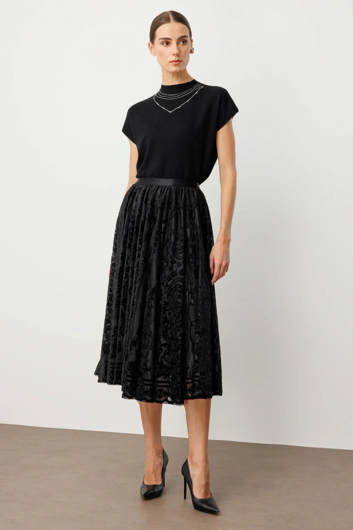 Ekol Kadın Kadife Geçişli Maxi Etek 2417 Siyah - 2