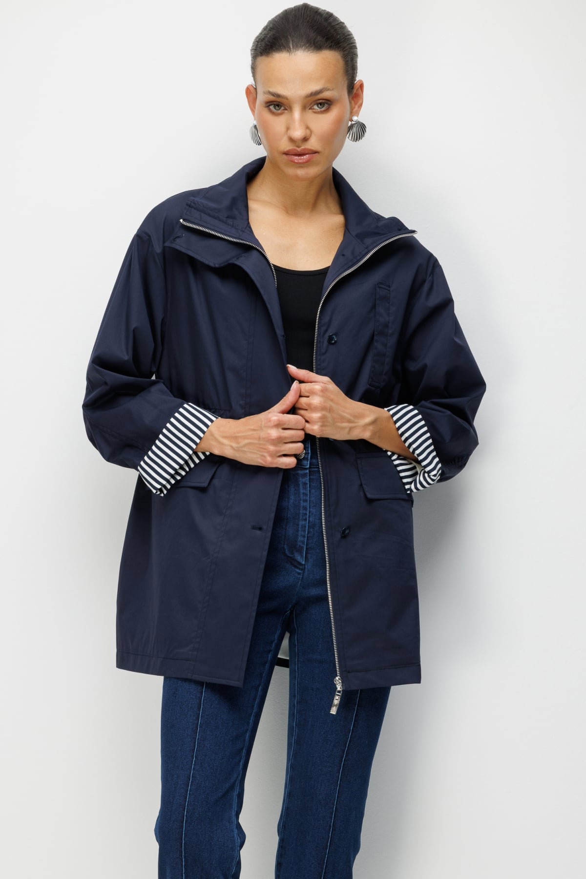 Ekol Kadın Kapak Cepli Dik Yaka Trençkot 7042 Lacivert - 1