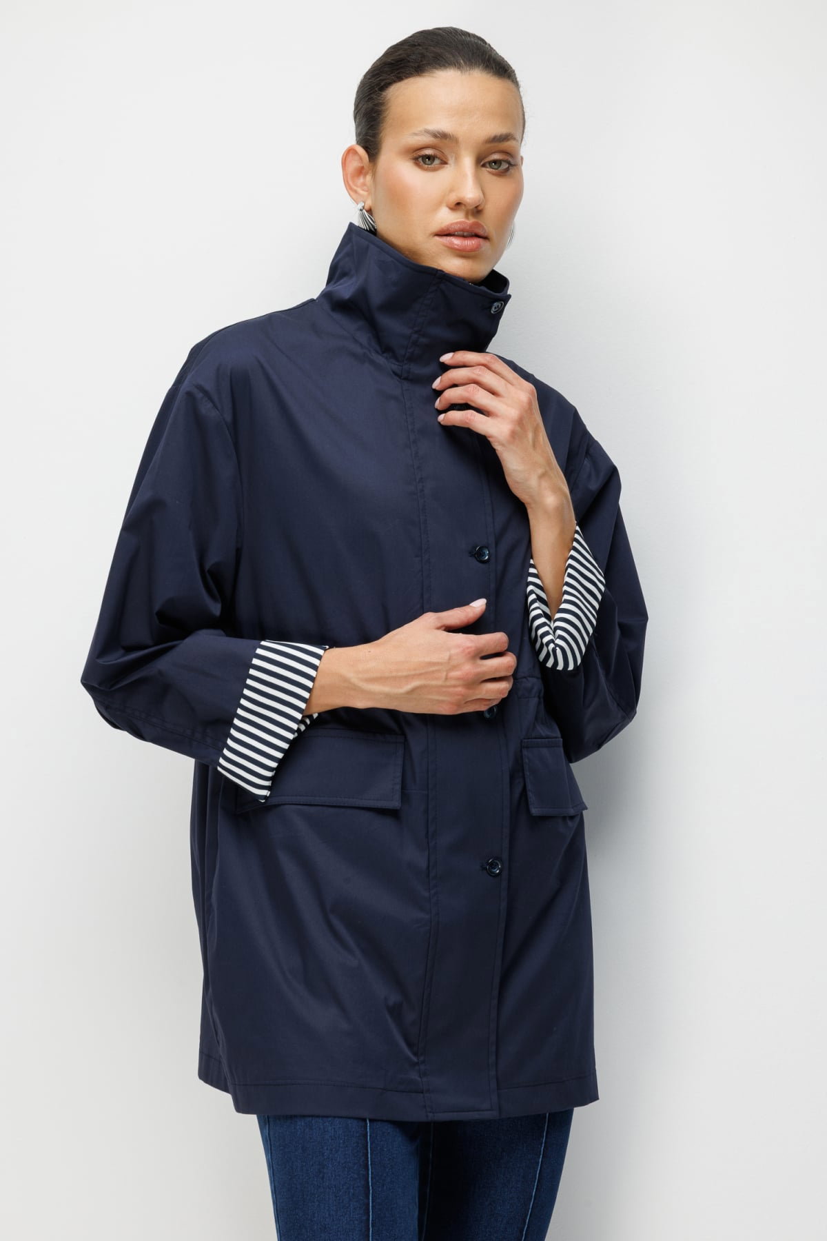 Ekol Kadın Kapak Cepli Dik Yaka Trençkot 7042 Lacivert - 2