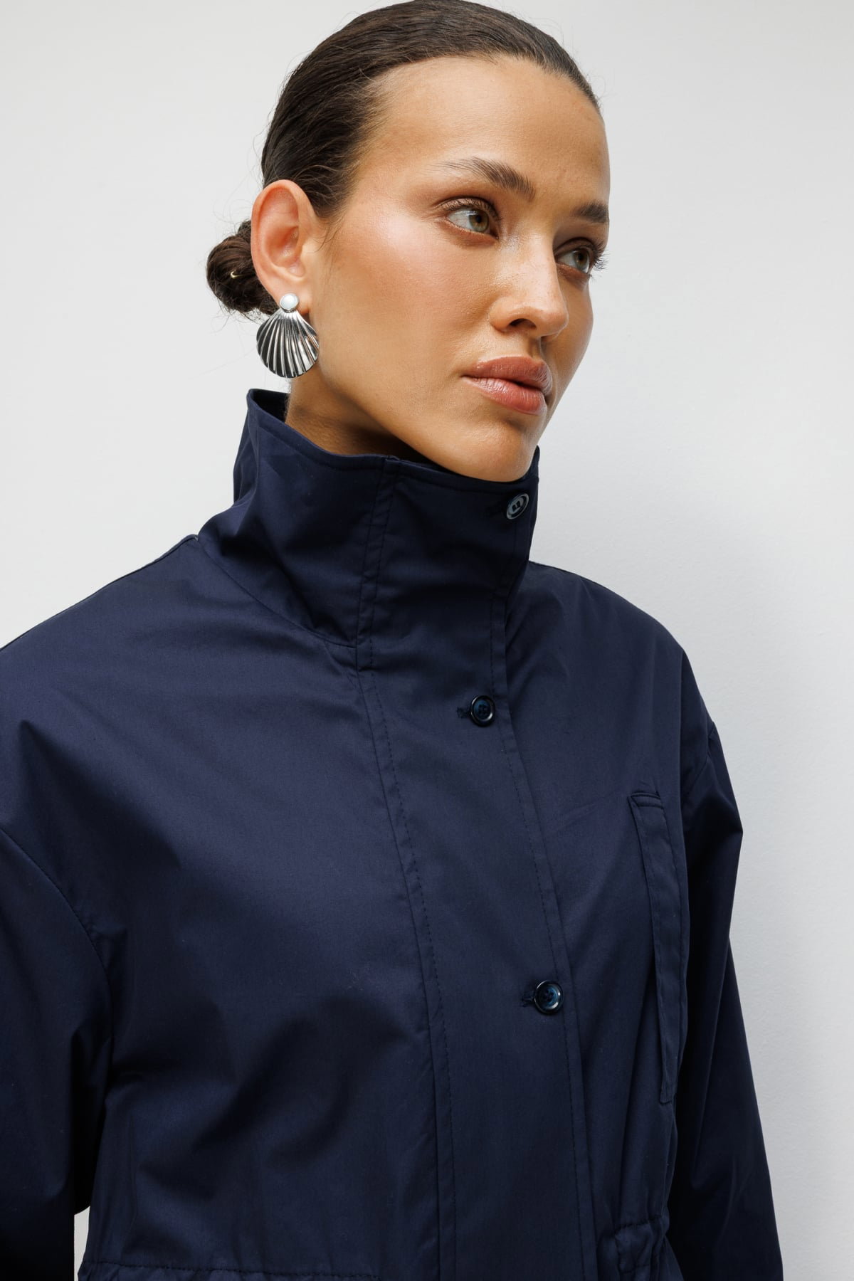 Ekol Kadın Kapak Cepli Dik Yaka Trençkot 7042 Lacivert - 3