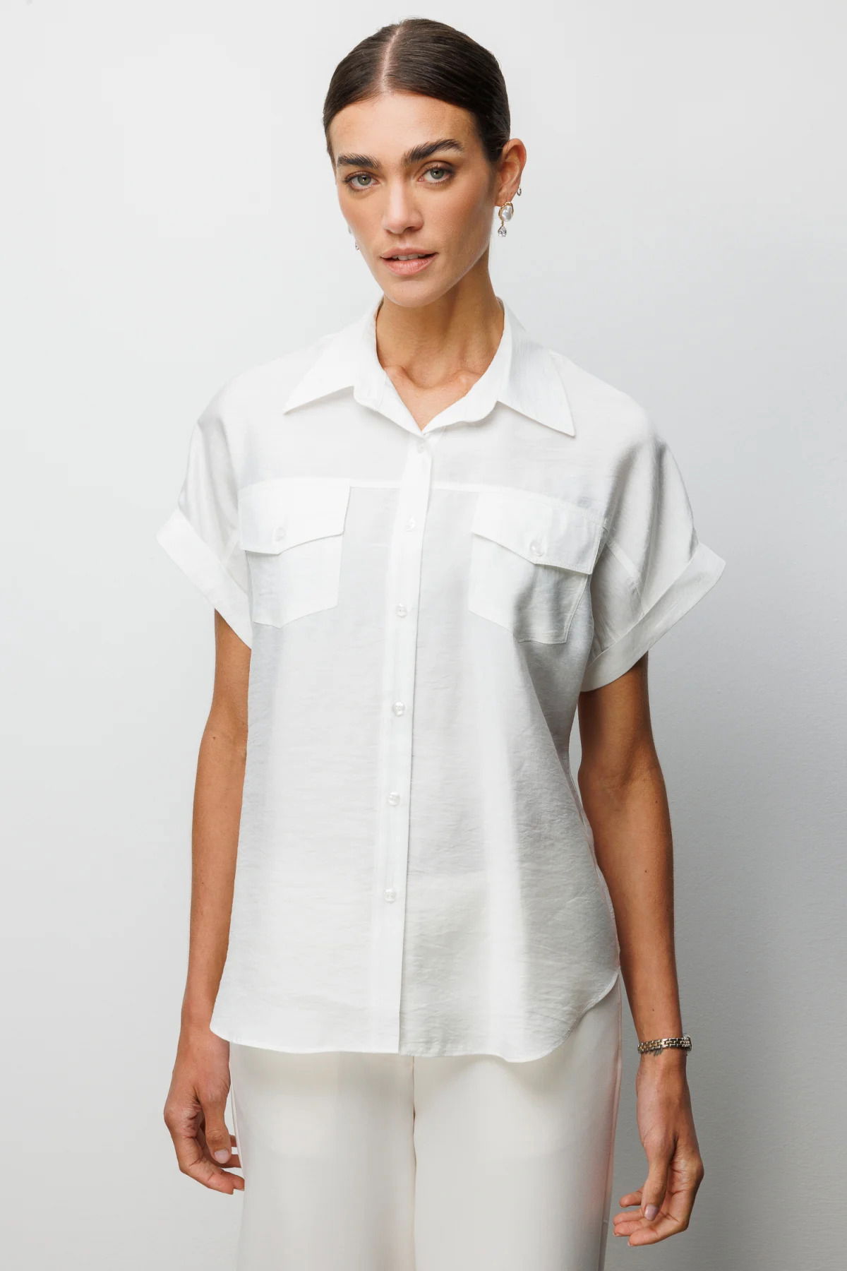Ekol Kadın Kapak Cepli Kısa Kollu Gömlek 2088 Beyaz - 1