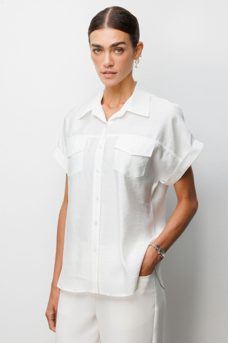 Ekol Kadın Kapak Cepli Kısa Kollu Gömlek 2088 Beyaz - 2