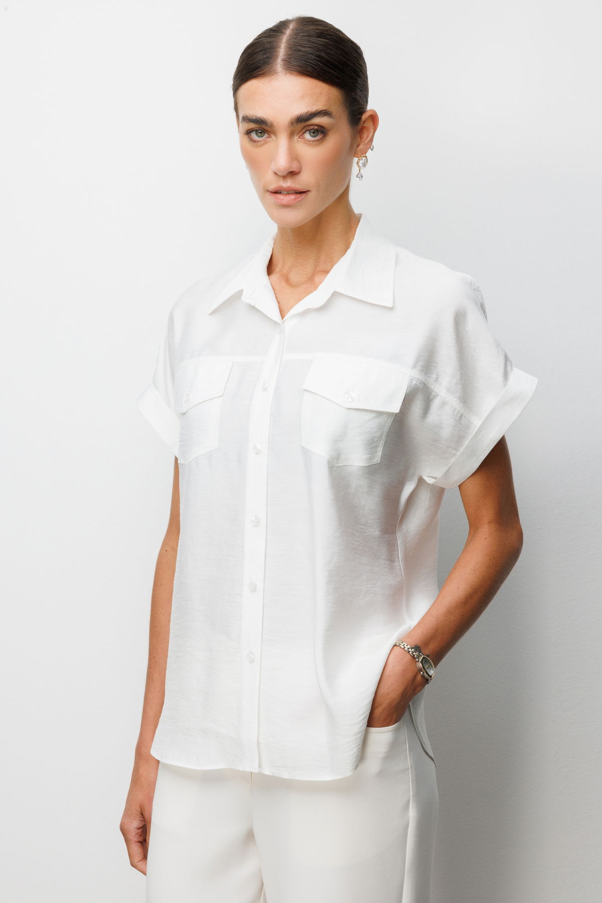 Ekol Kadın Kapak Cepli Kısa Kollu Gömlek 2088 Beyaz - 2