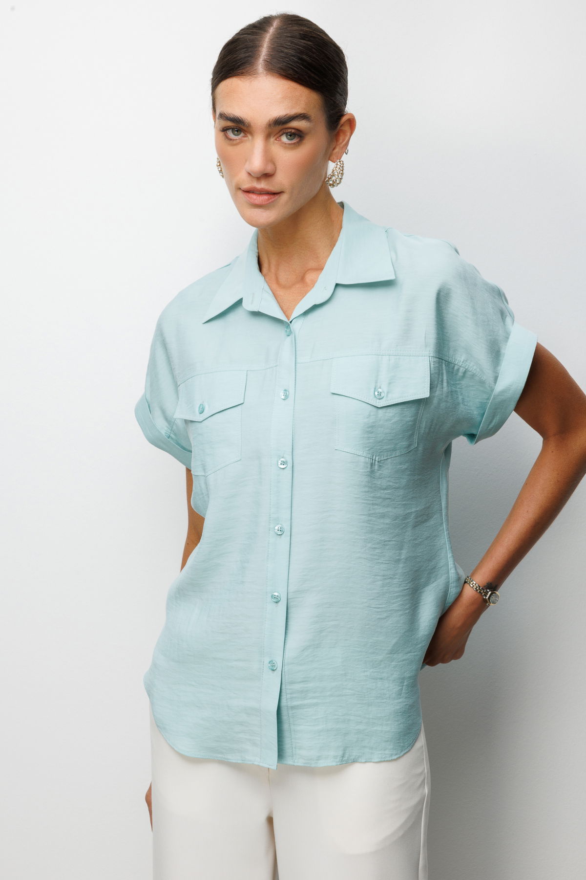 Ekol Kadın Kapak Cepli Kısa Kollu Gömlek 2088 Mint - 2