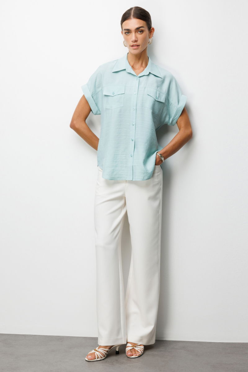 Ekol Kadın Kapak Cepli Kısa Kollu Gömlek 2088 Mint - 3