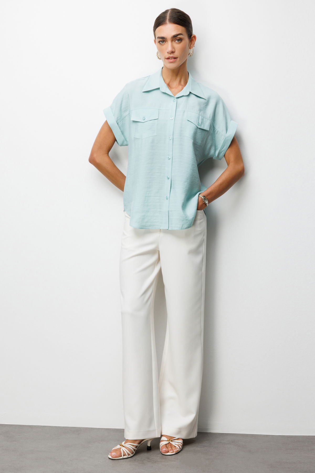 Ekol Kadın Kapak Cepli Kısa Kollu Gömlek 2088 Mint - 3