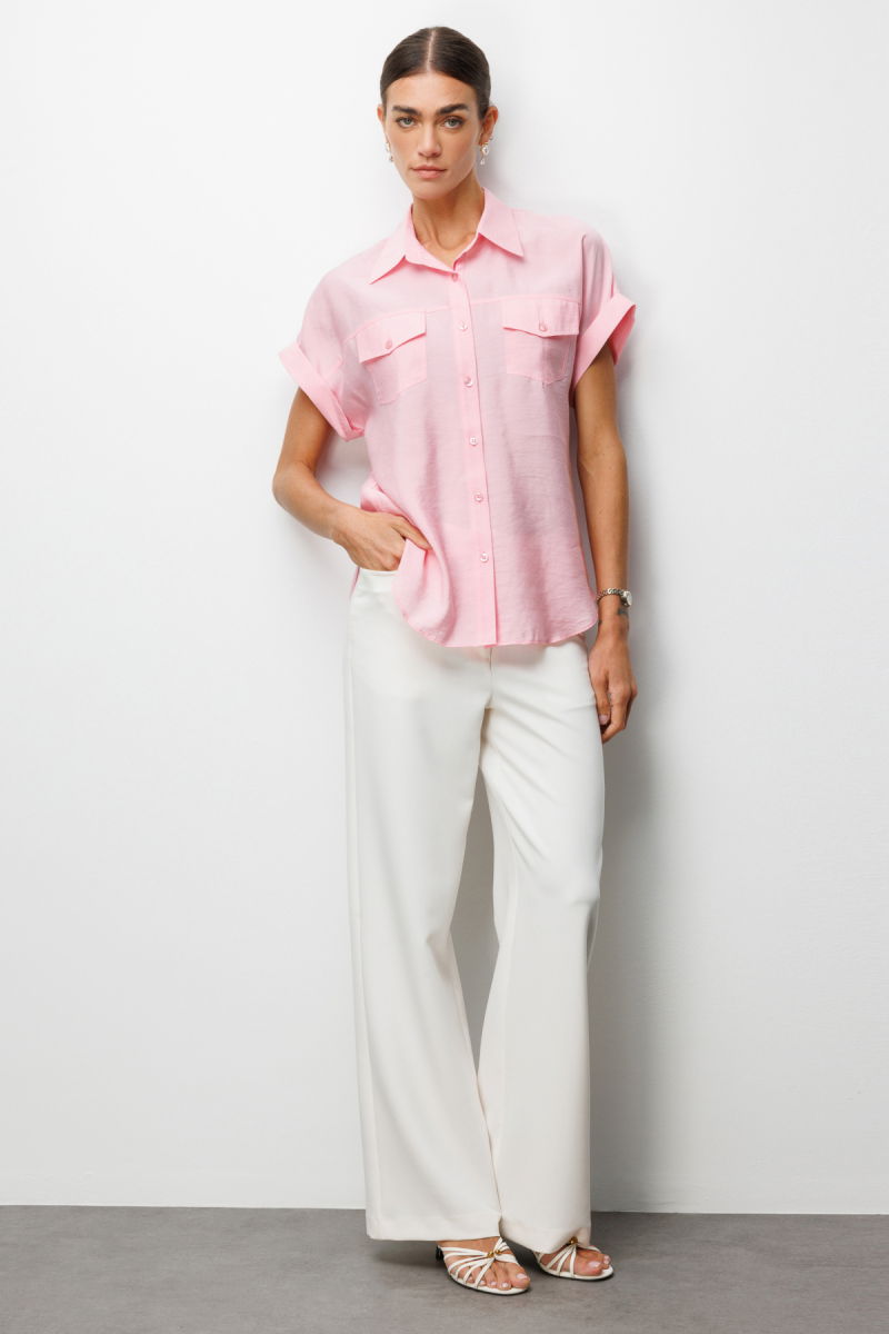 Ekol Kadın Kapak Cepli Kısa Kollu Gömlek 2088 Pembe - 3