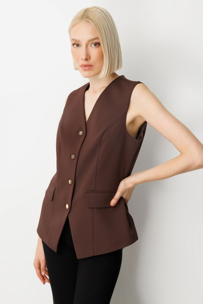 Ekol Kadın Kapak Cepli V Yaka Yelek 5037 Kahverengi - 2