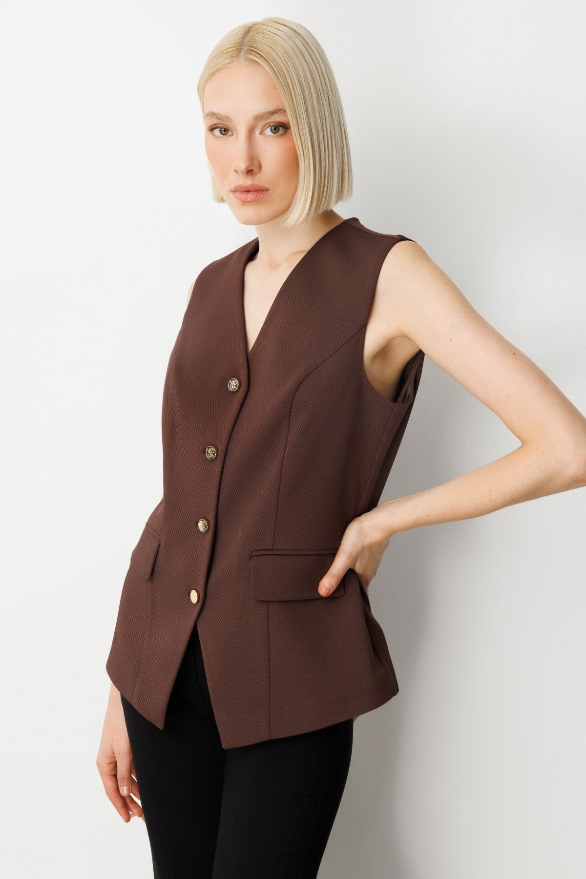 Ekol Kadın Kapak Cepli V Yaka Yelek 5037 Kahverengi - 2