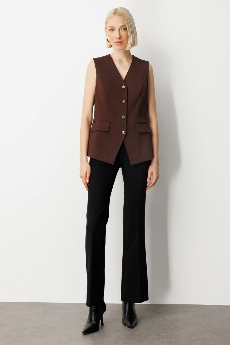 Ekol Kadın Kapak Cepli V Yaka Yelek 5037 Kahverengi - 3