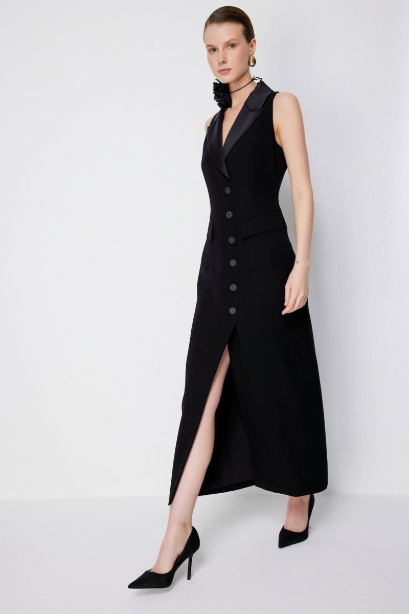 Ekol Kadın Kapak Cepli Yırtmaçlı Elbise 6046 Siyah - Ekol