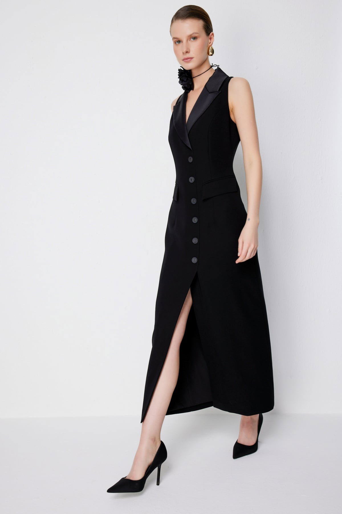 Ekol Kadın Kapak Cepli Yırtmaçlı Elbise 6046 Siyah - 1