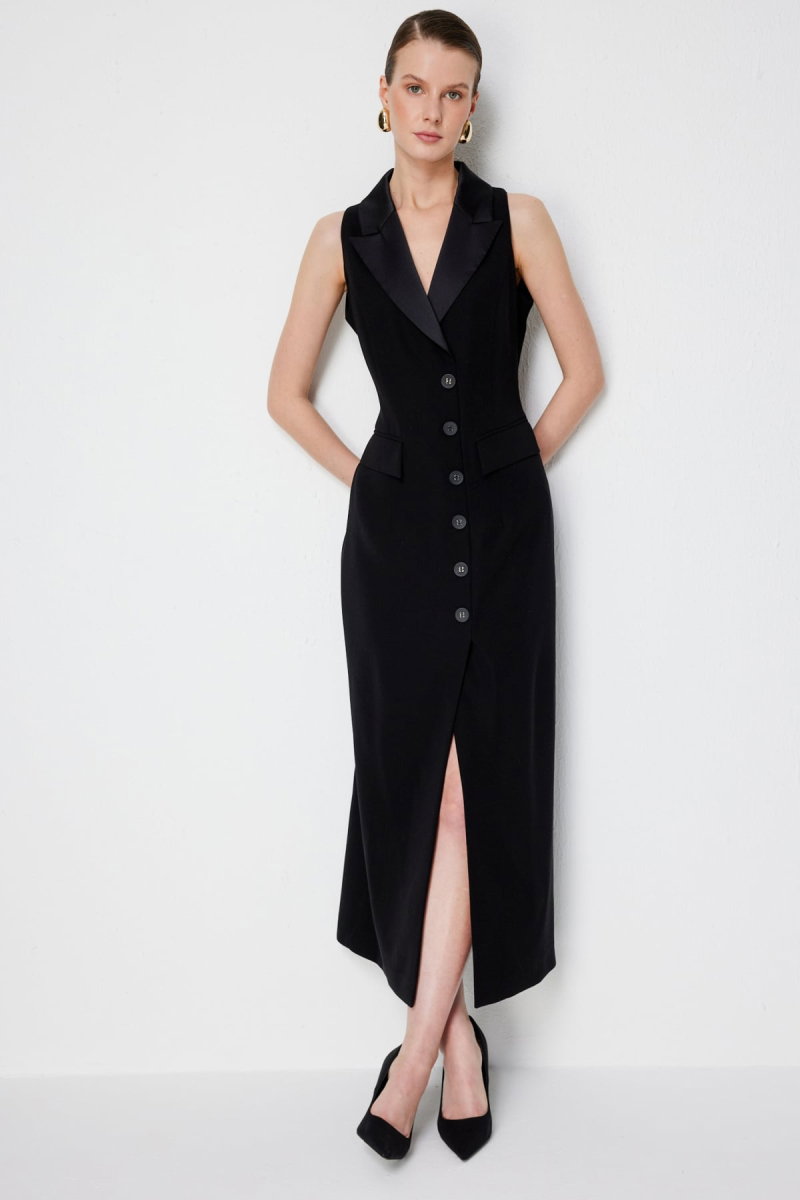 Ekol Kadın Kapak Cepli Yırtmaçlı Elbise 6046 Siyah - 2