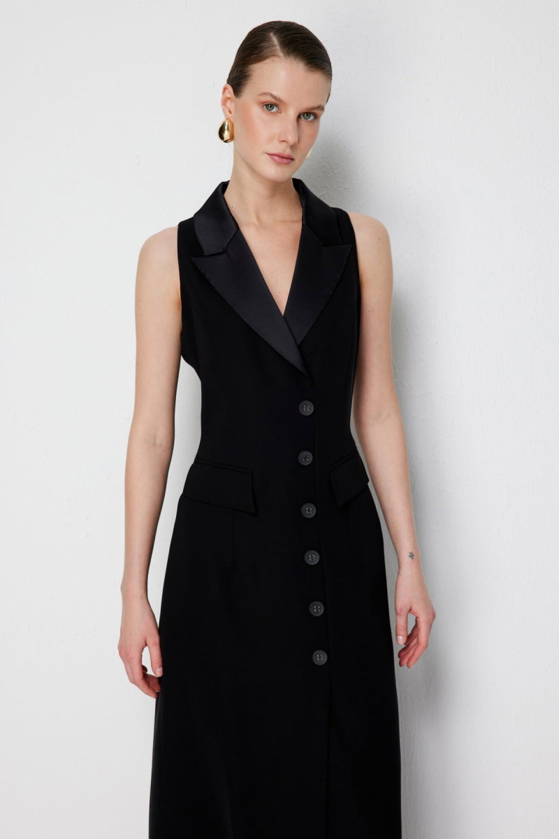 Ekol Kadın Kapak Cepli Yırtmaçlı Elbise 6046 Siyah - 3