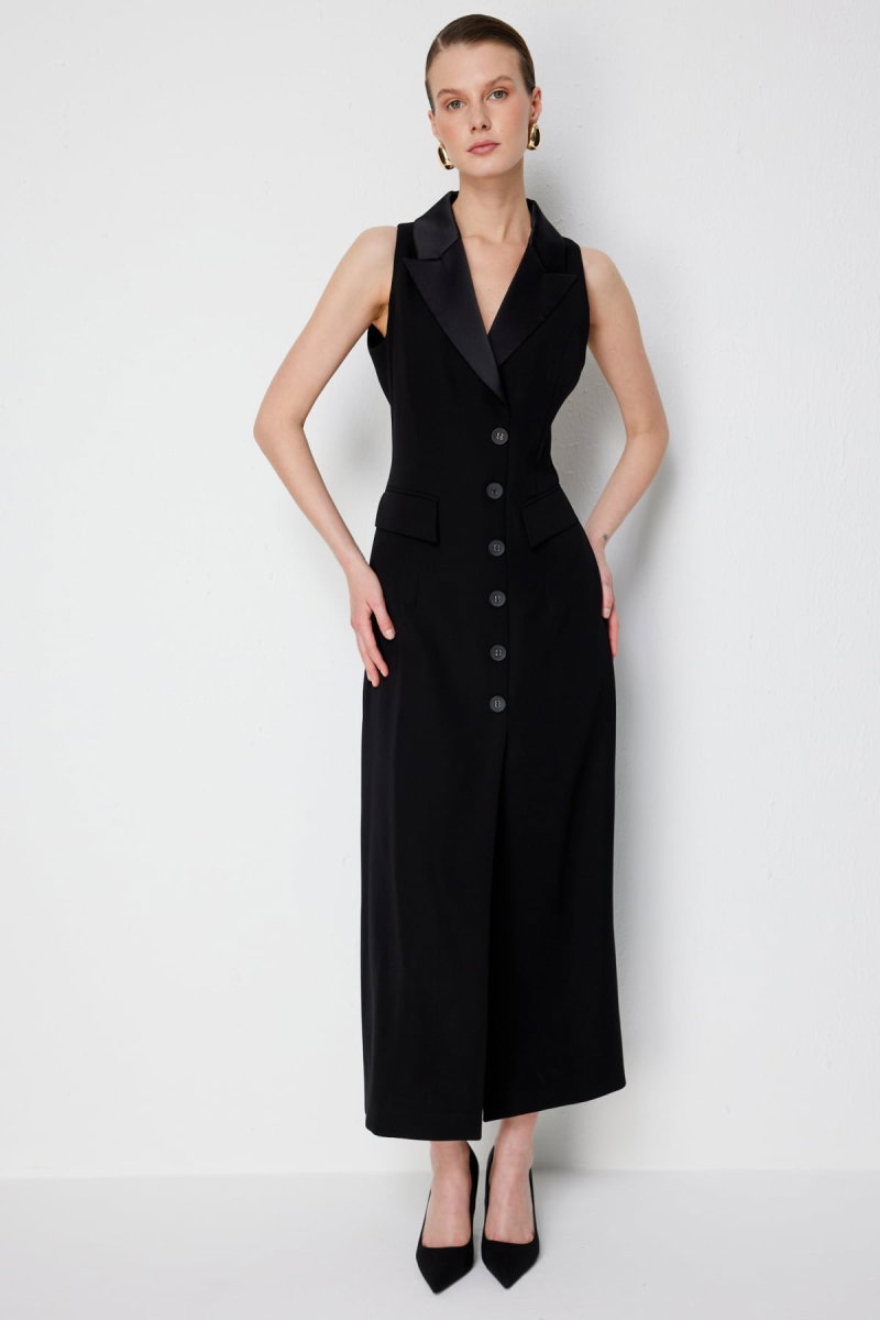 Ekol Kadın Kapak Cepli Yırtmaçlı Elbise 6046 Siyah - 4