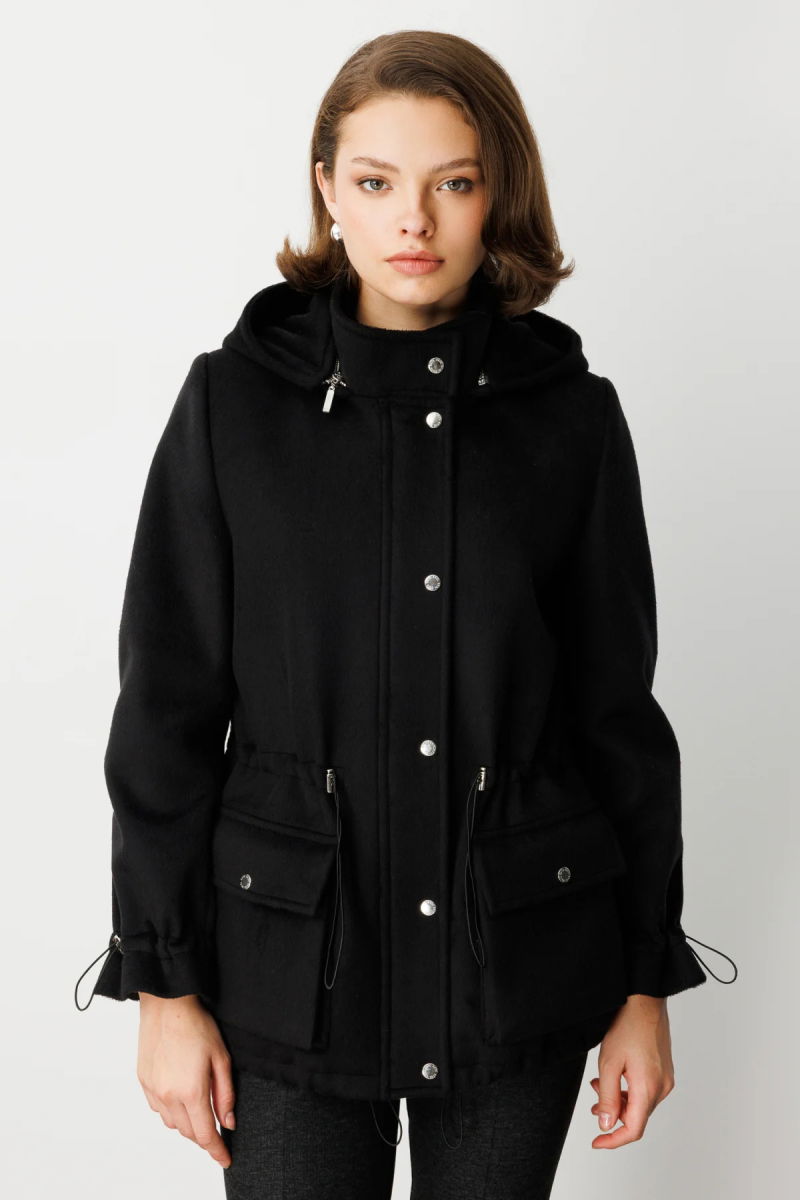 Ekol Kadın Kapüşonlu Kapak Cepli Kaşe Mont 6041 Siyah - Ekol