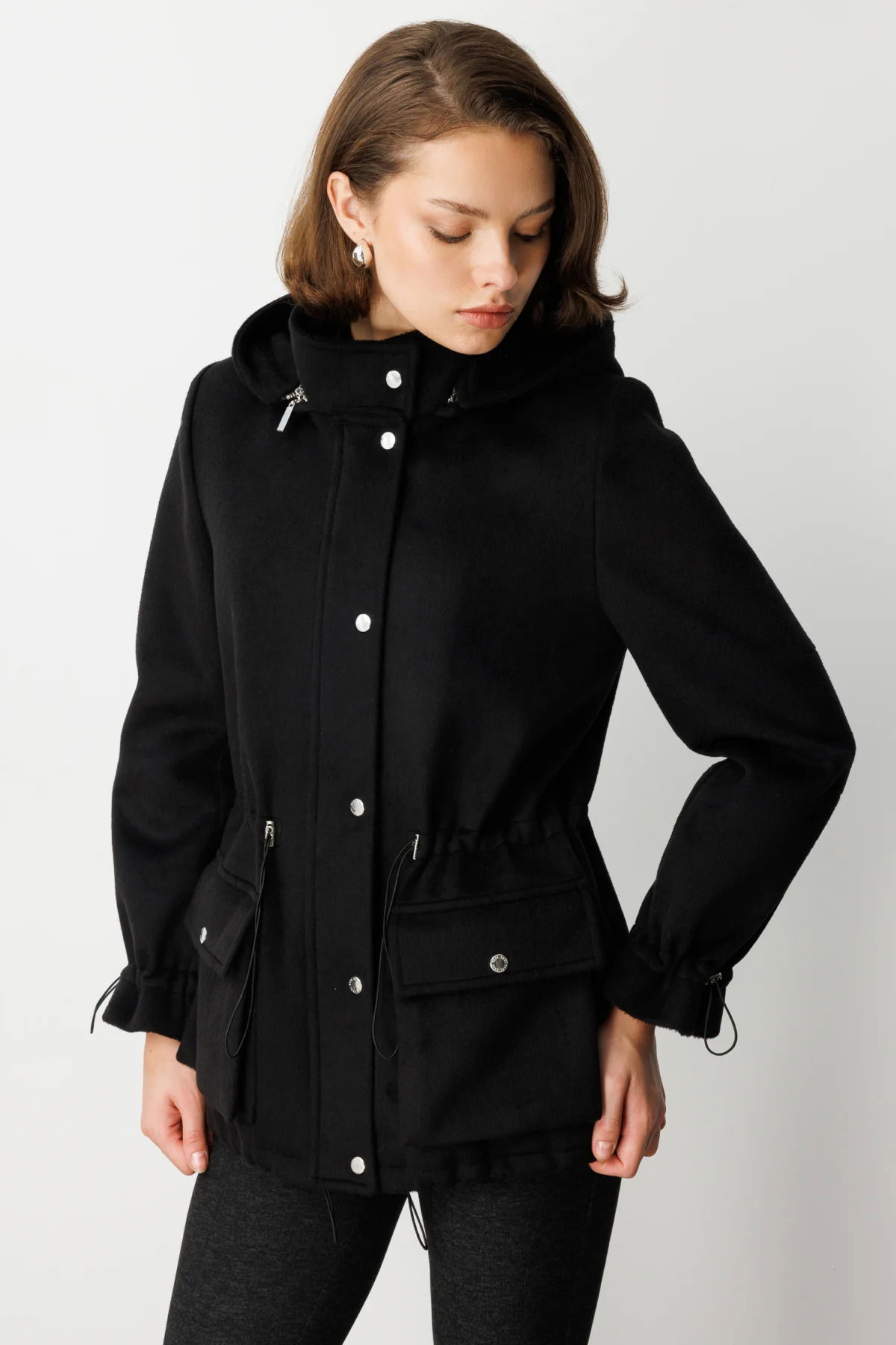 Ekol Kadın Kapüşonlu Kapak Cepli Kaşe Mont 6041 Siyah - 2