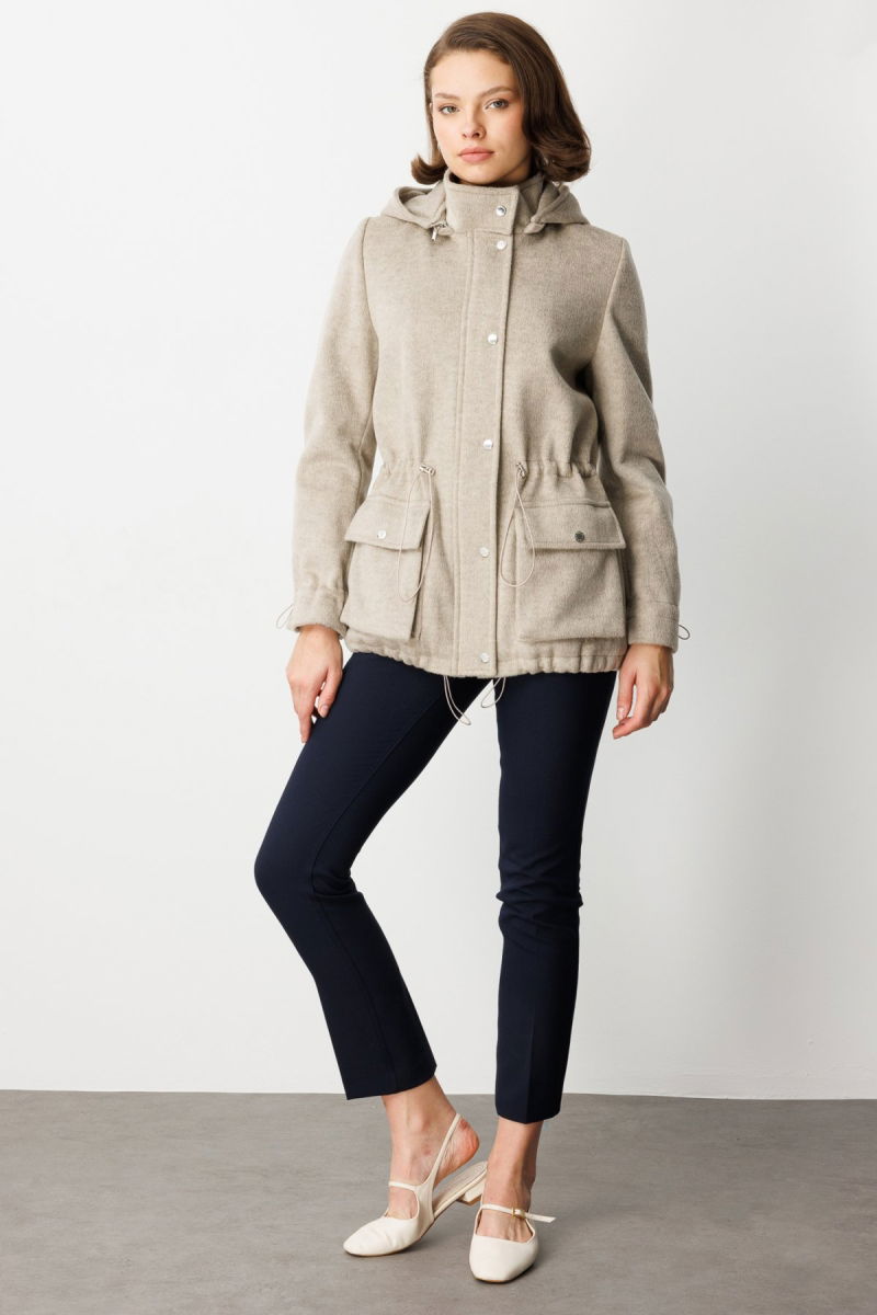 Ekol Kadın Kapüşonlu Kapak Cepli Kaşe Mont 6041 Vizon - 4