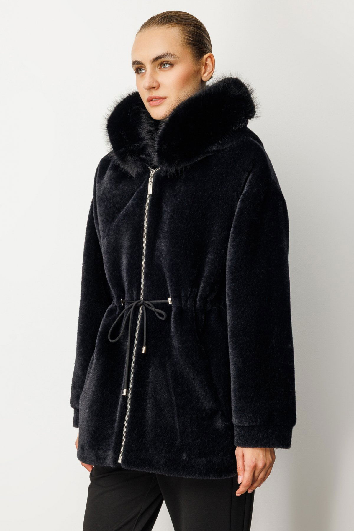 Ekol Kadın Kapüşonlu Peluş Kaban 6029 Siyah - 2