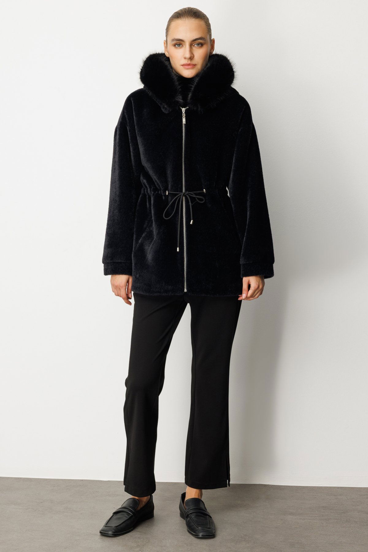 Ekol Kadın Kapüşonlu Peluş Kaban 6029 Siyah - 3