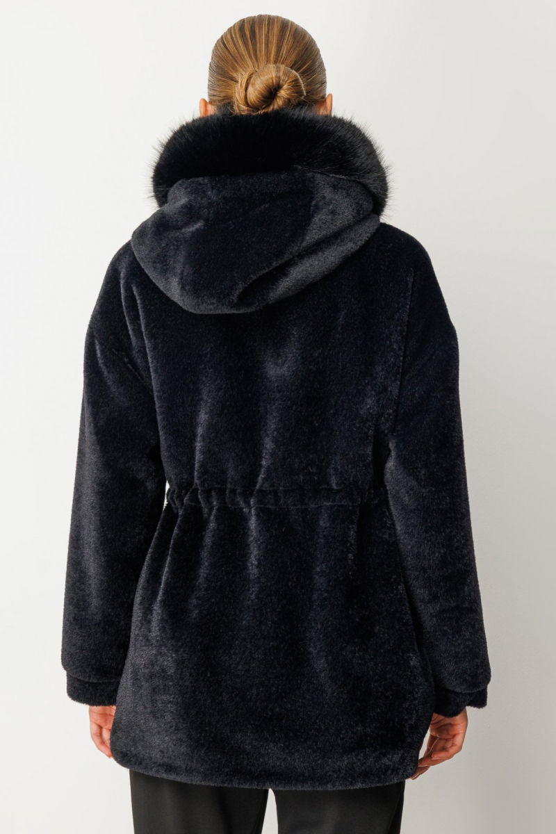 Ekol Kadın Kapüşonlu Peluş Kaban 6029 Siyah - 4