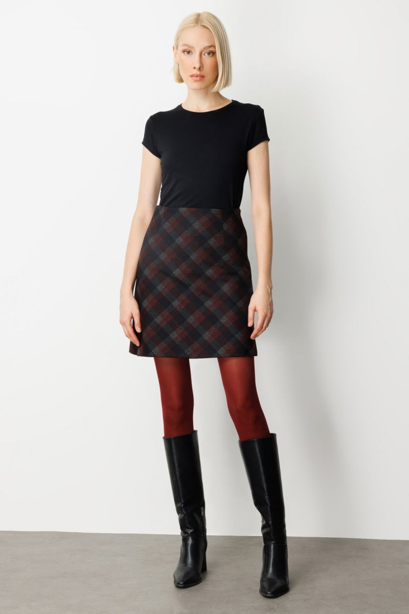 Ekol Kadın Kare Desenli Mini Etek 2043 Bordo - Ekol